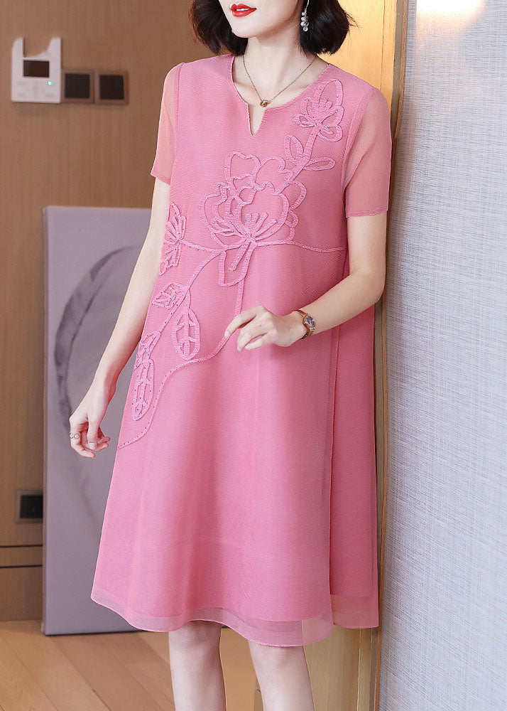 DIY Pink V Neck Embroideried Nail Bead Tulle Mid Dresses Short Sleev