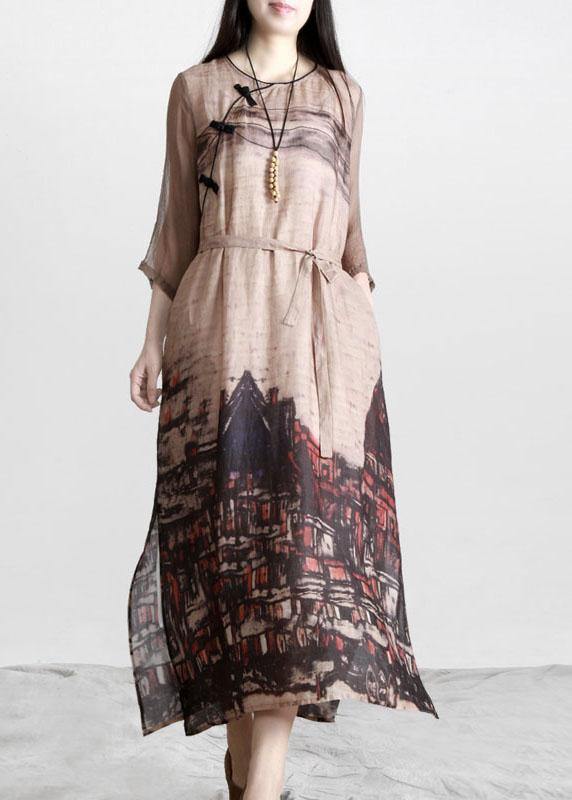 DIY Print Oriental tie waist Holiday Summer Linen Dress - Omychic