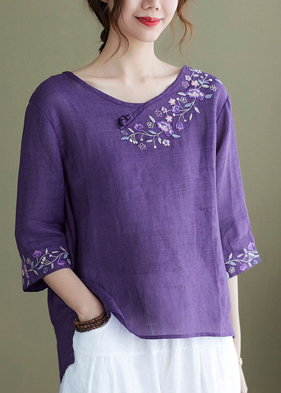 DIY purple-hem flower Embroideried side open Half Sleeve Top