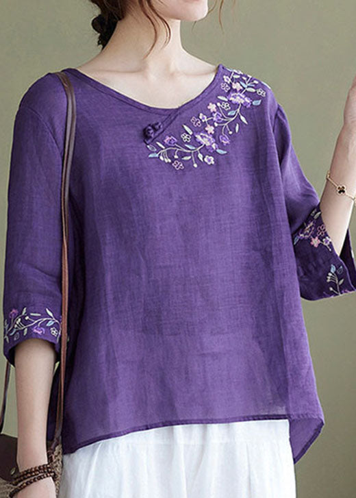 DIY purple-cashew pattern Embroideried side open Half Sleeve Top