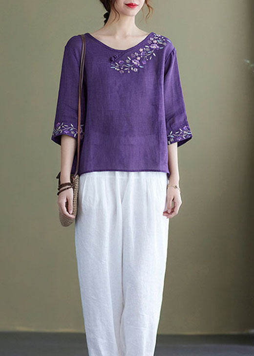 DIY Red Embroidered Side Open Half Sleeve Top
