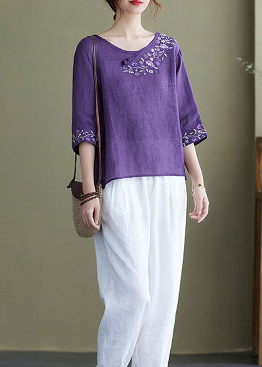 DIY purple-hem flower Embroideried side open Half Sleeve Top