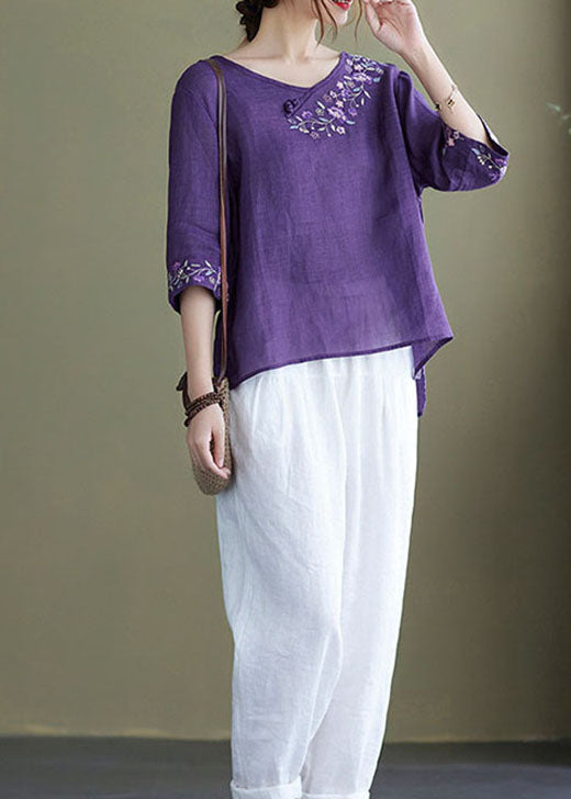 DIY purple-full of flowers Embroideried side open Half Sleeve Top