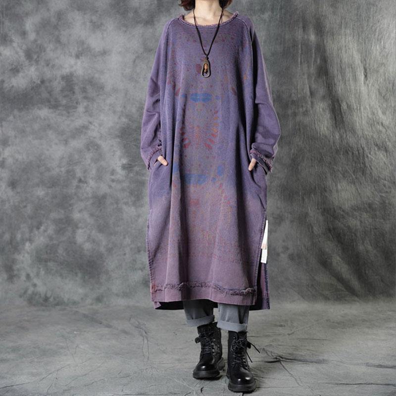 DIY Purple O-Neck side Open Print Fall Dress Long Sleeve - Omychic