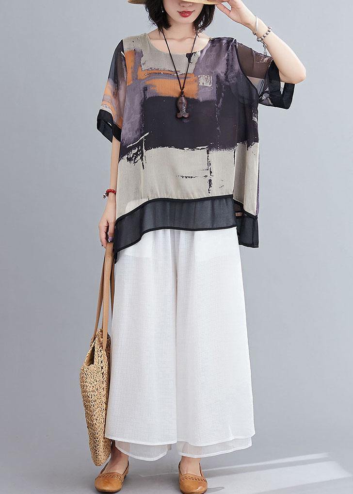 DIY Purple Print Chiffon tops White Wide Leg Summer Two Pieces Set - Omychic