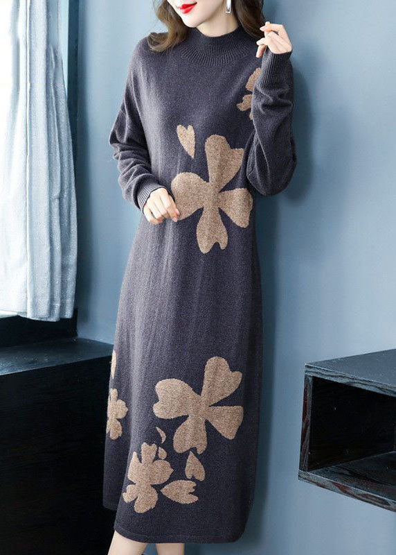 DIY Purple Stand Collar Embroideried Knit Cashmere Sweater Dress Long Sleeve