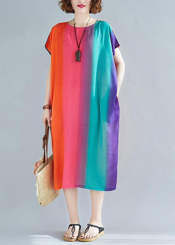 DIY Rainbow Striped Cotton U Neck Summer Vacation Dress - Omychic