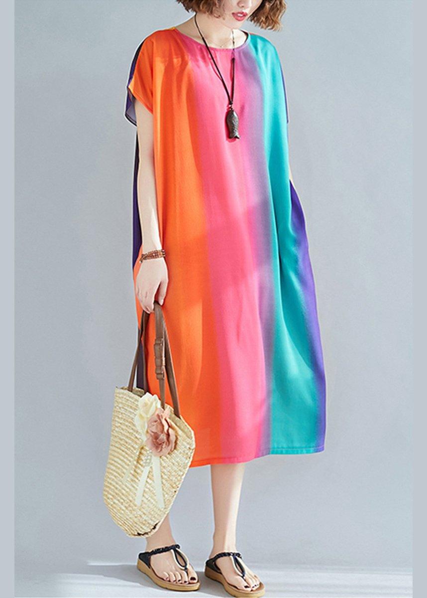 DIY Rainbow Striped Cotton U Neck Summer Vacation Dress - Omychic