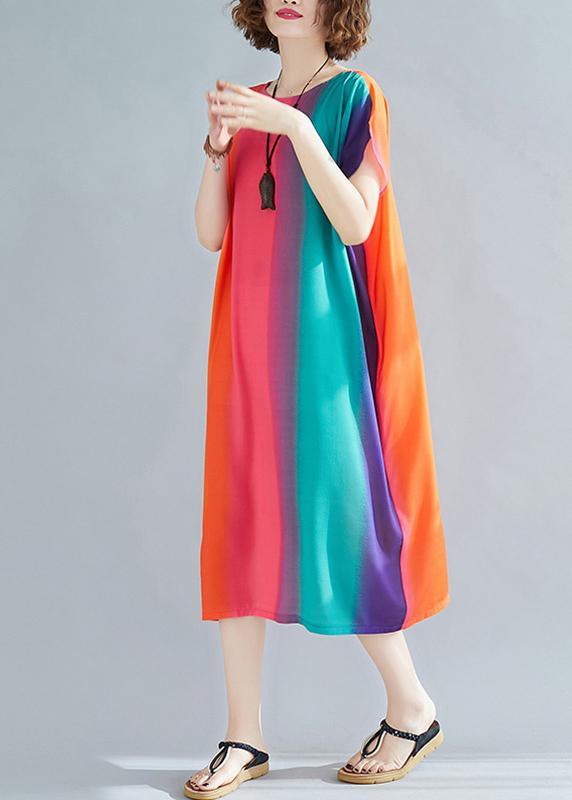 DIY Rainbow Striped Cotton U Neck Summer Vacation Dress - Omychic