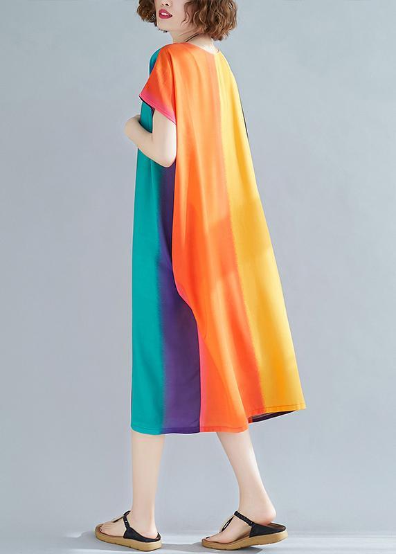 DIY Rainbow Striped Cotton U Neck Summer Vacation Dress - Omychic