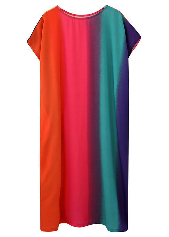 DIY Rainbow Striped Cotton U Neck Summer Vacation Dress - Omychic