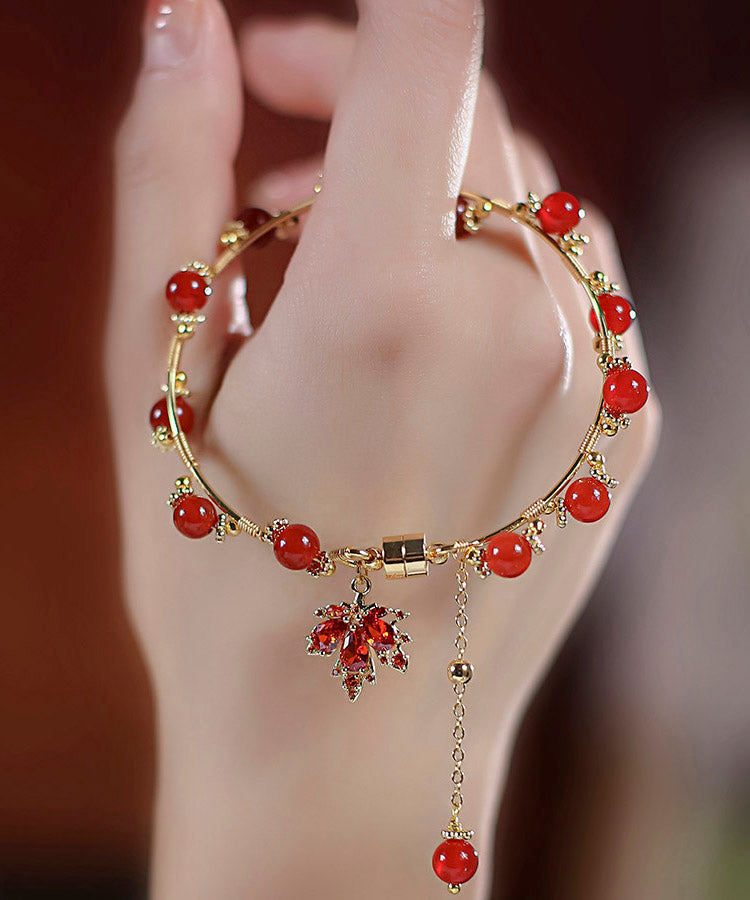 DIY Red 14K Gold Agate Maple Leaves Charm Bracelet