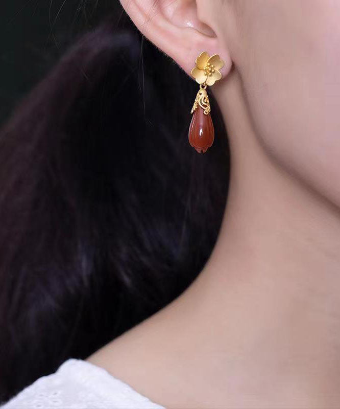 DIY Red Ancient Silver Inlaid Agate Floral Drop Earrings