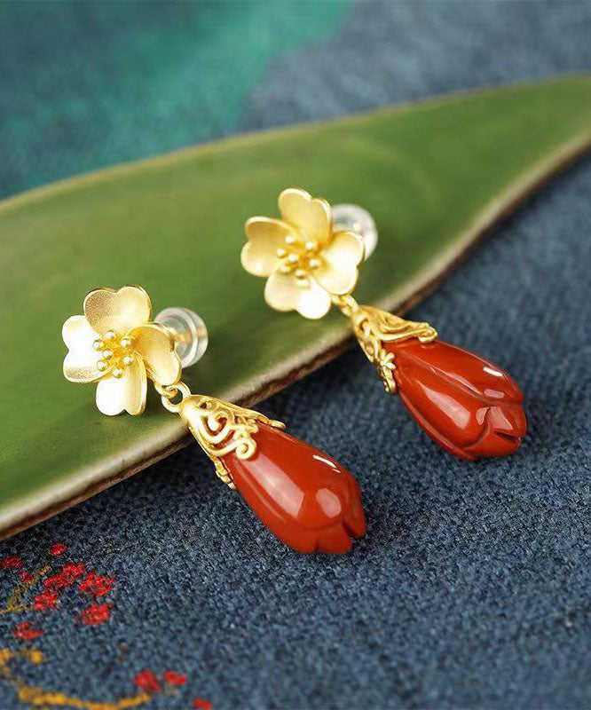 DIY Red Ancient Silver Inlaid Agate Floral Drop Earrings