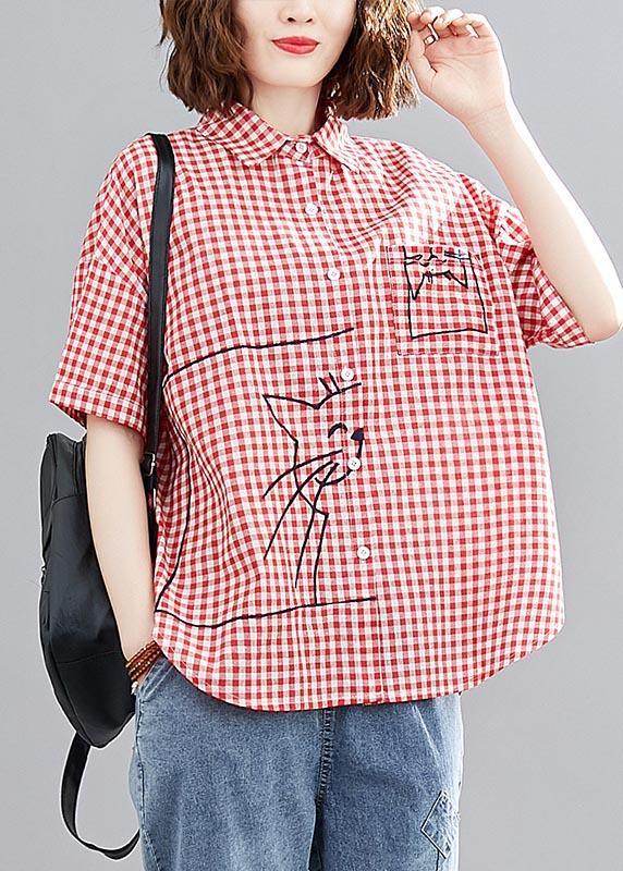 DIY Red Plaid Embroideried cat Cotton Linen Blouses Summer - Omychic