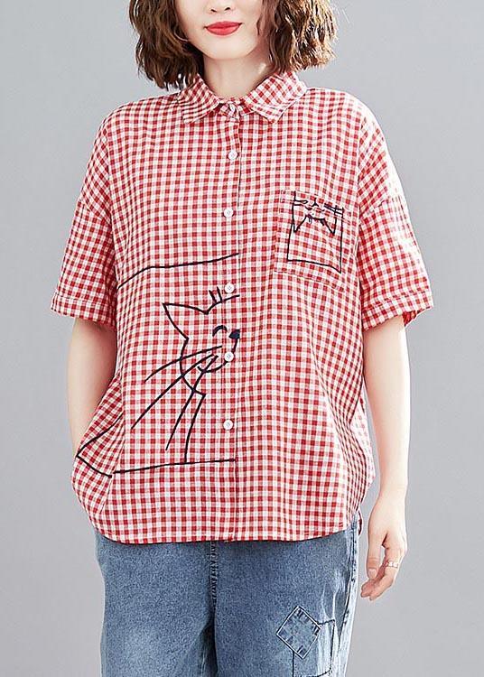 DIY Red Plaid Embroideried cat Cotton Linen Blouses Summer - Omychic