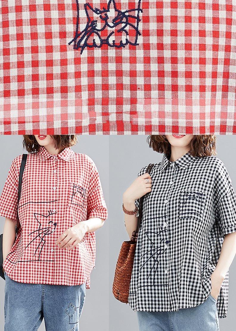 DIY Red Plaid Embroideried cat Cotton Linen Blouses Summer - Omychic