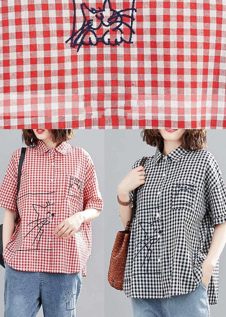 DIY Red Plaid Embroideried cat Cotton Linen Blouses Summer - Omychic