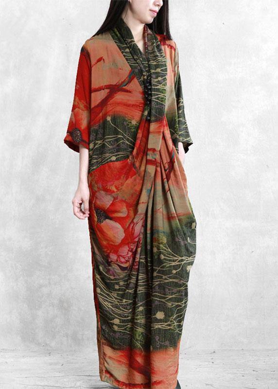 DIY Red Pockets Button Patchwork Fall Print Long Dress Half Sleeve - Omychic