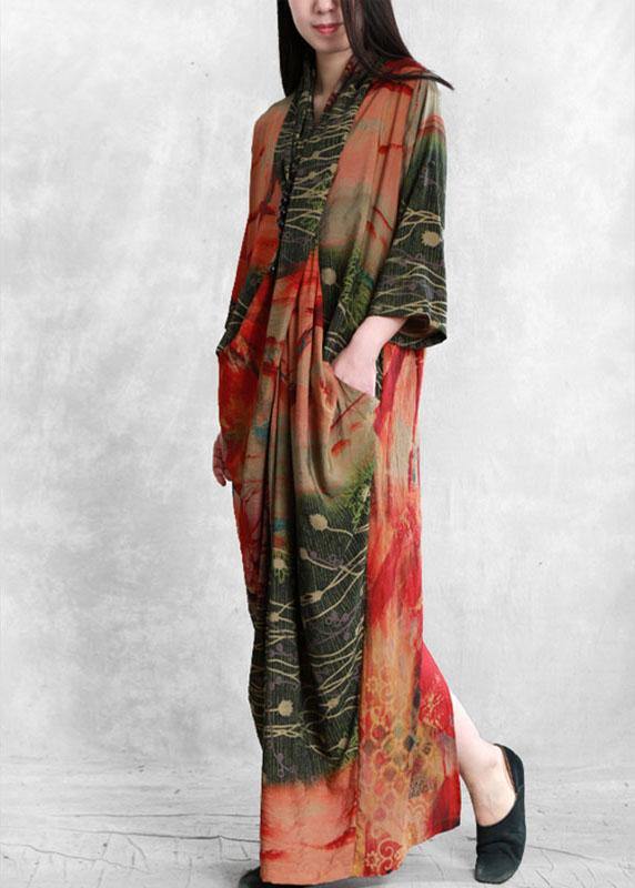 DIY Red Pockets Button Patchwork Fall Print Long Dress Half Sleeve - Omychic