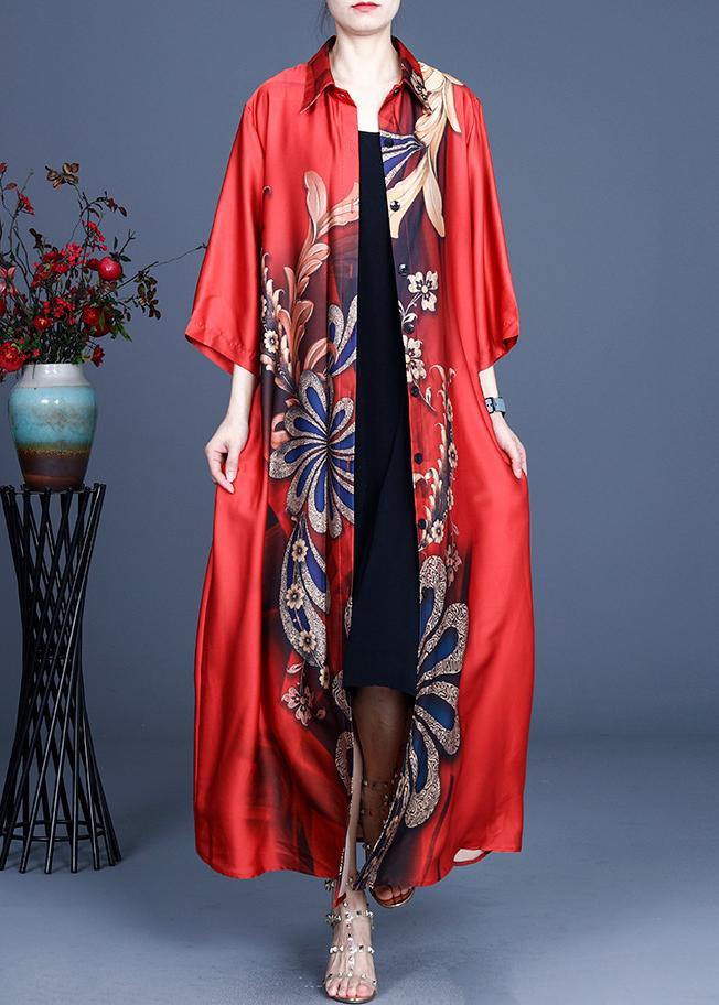 DIY Red Print Spring Loose Coat Long - Omychic