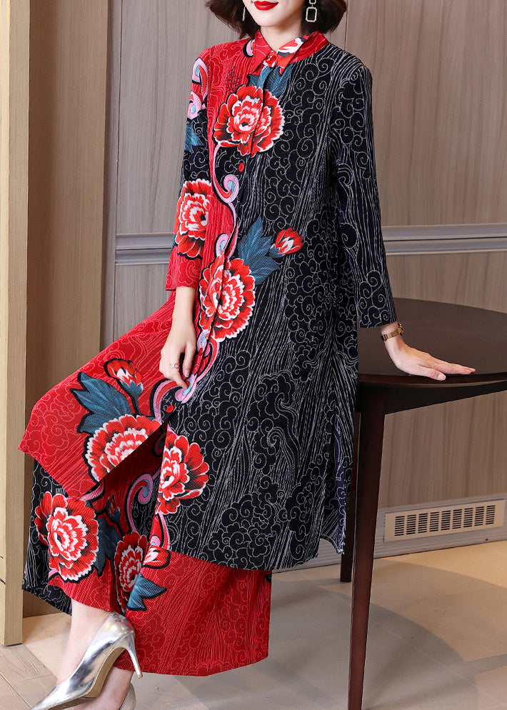 DIY Red Stand Collar Print Button Side Open Shirts And Wide Leg Pants Two Pieces Set Spring