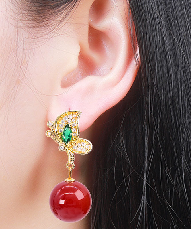 DIY Red Sterling Silver Overgild Agate Butterfly Drop Earrings