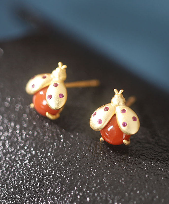 DIY Red Sterling Silver Overgild Little Bee Stud Earrings