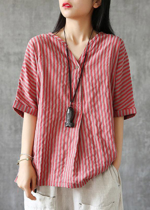 DIY Red V Neck Striped Button Linen Shirts Half Sleeve