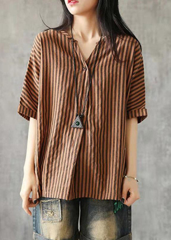 DIY Red V Neck Striped Button Linen Shirts Half Sleeve