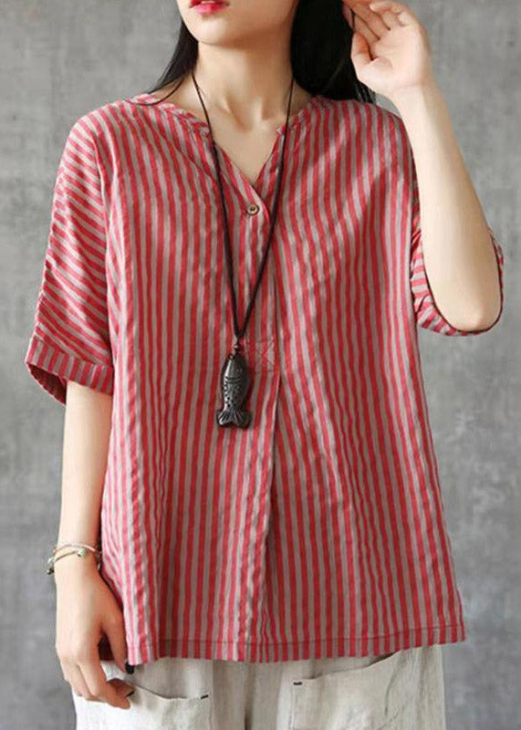 DIY Red V Neck Striped Button Linen Shirts Half Sleeve