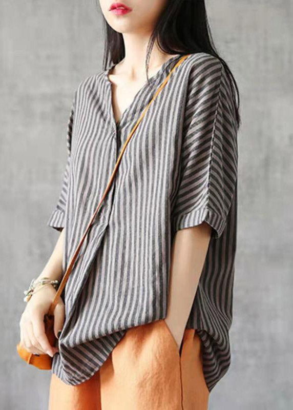 DIY Red V Neck Striped Button Linen Shirts Half Sleeve