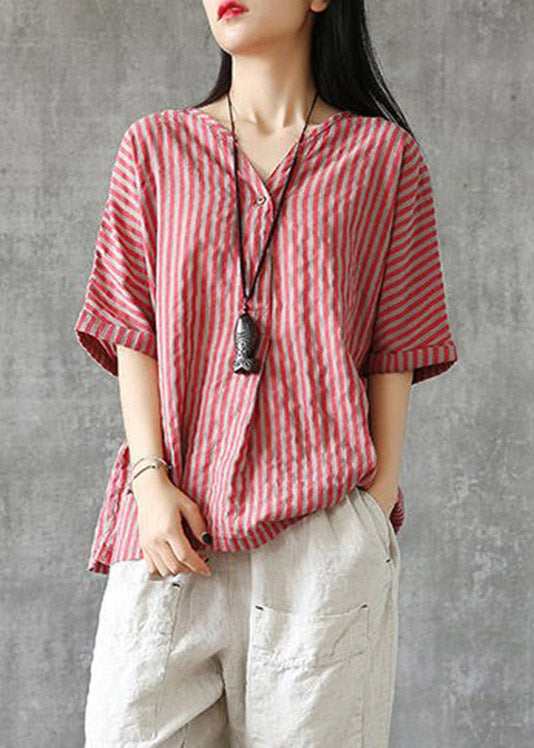 DIY Red V Neck Striped Button Linen Shirts Half Sleeve