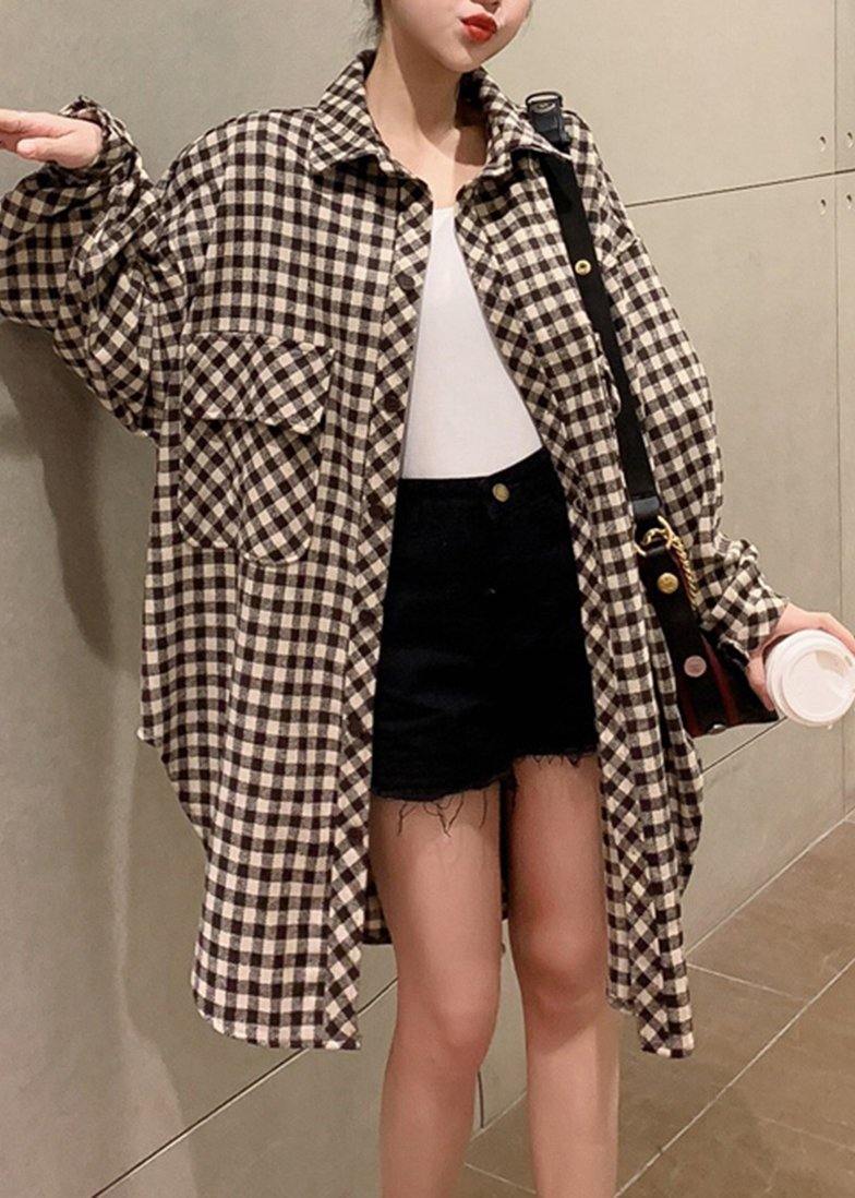 DIY Side Open Chocolate Plaid Tops Spring - Omychic