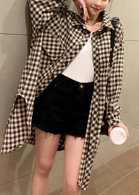 DIY Side Open Chocolate Plaid Tops Spring - Omychic