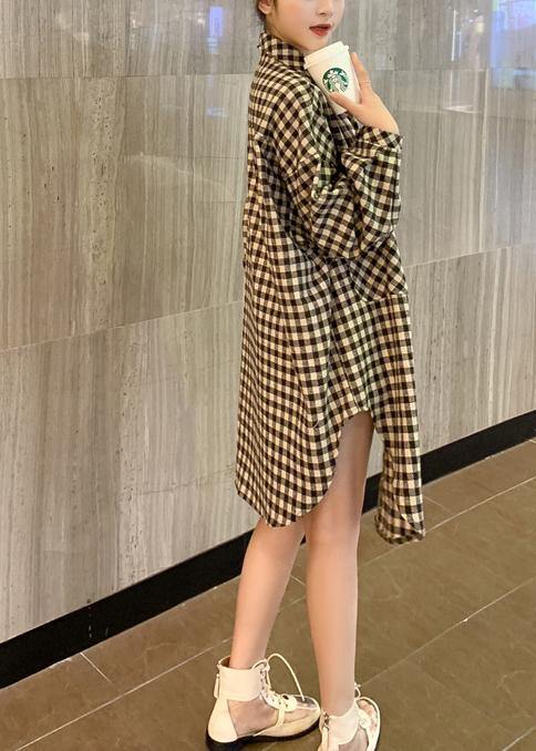 DIY Side Open Chocolate Plaid Tops Spring - Omychic