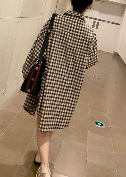 DIY Side Open Chocolate Plaid Tops Spring - Omychic