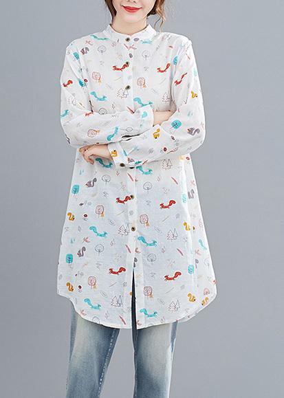 DIY Stand Collar Spring Top Silhouette Fashion Ideas White Animal Design Blouses - Omychic
