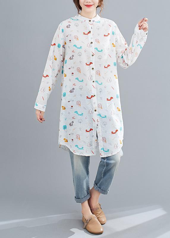 DIY Stand Collar Spring Top Silhouette Fashion Ideas White Animal Design Blouses - Omychic
