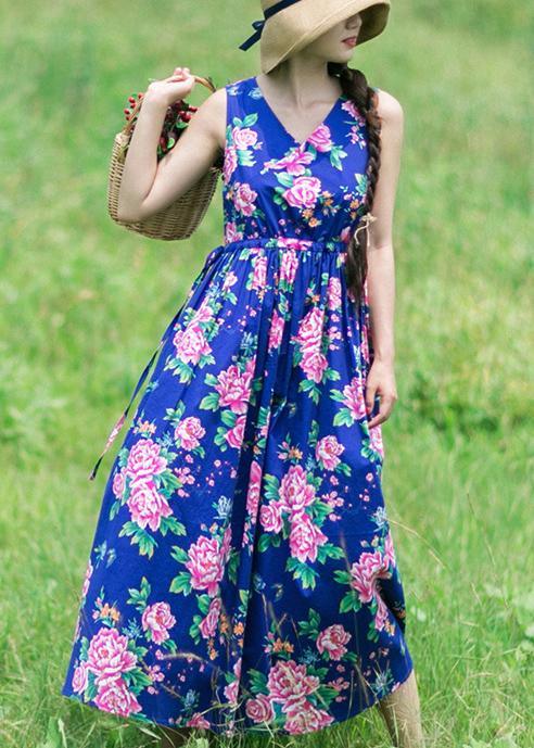 DIY Summer Sleeveless Clothes Work Blue Print Dresses - Omychic