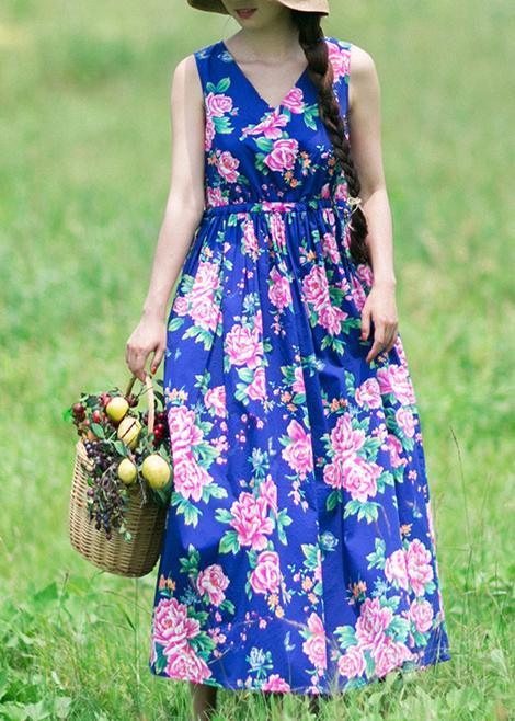 DIY Summer Sleeveless Clothes Work Blue Print Dresses - Omychic