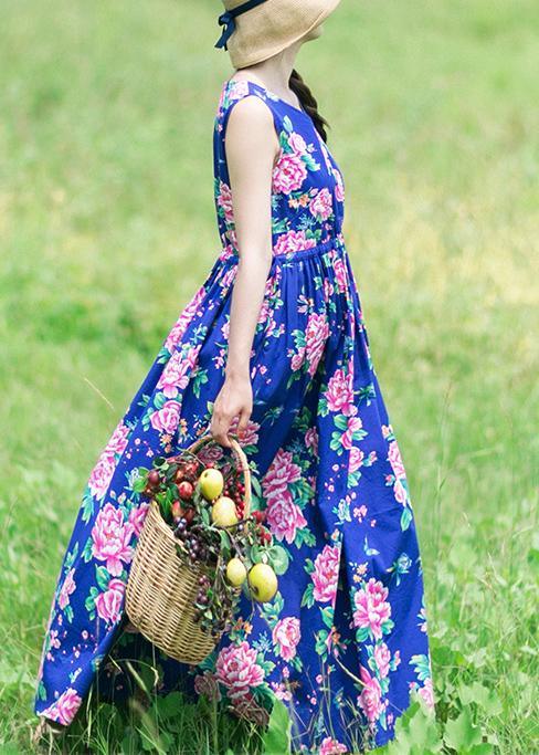 DIY Summer Sleeveless Clothes Work Blue Print Dresses - Omychic