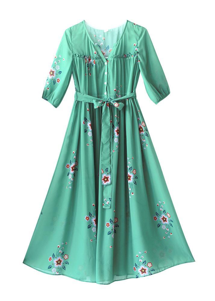 DIY V Neck Tie Waist Summer Quilting Dresses Wardrobes Green Print Long Dress - Omychic
