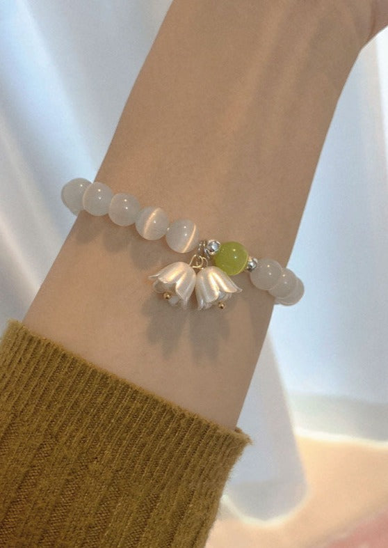 DIY White Cat's Eye Stone Lily Of The Valley Beading Charm Bracelet