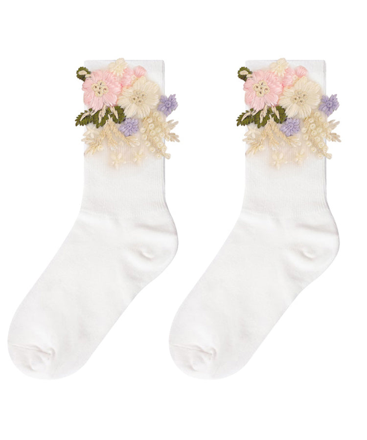 DIY White Embroideried Floral Mid Calf Socks