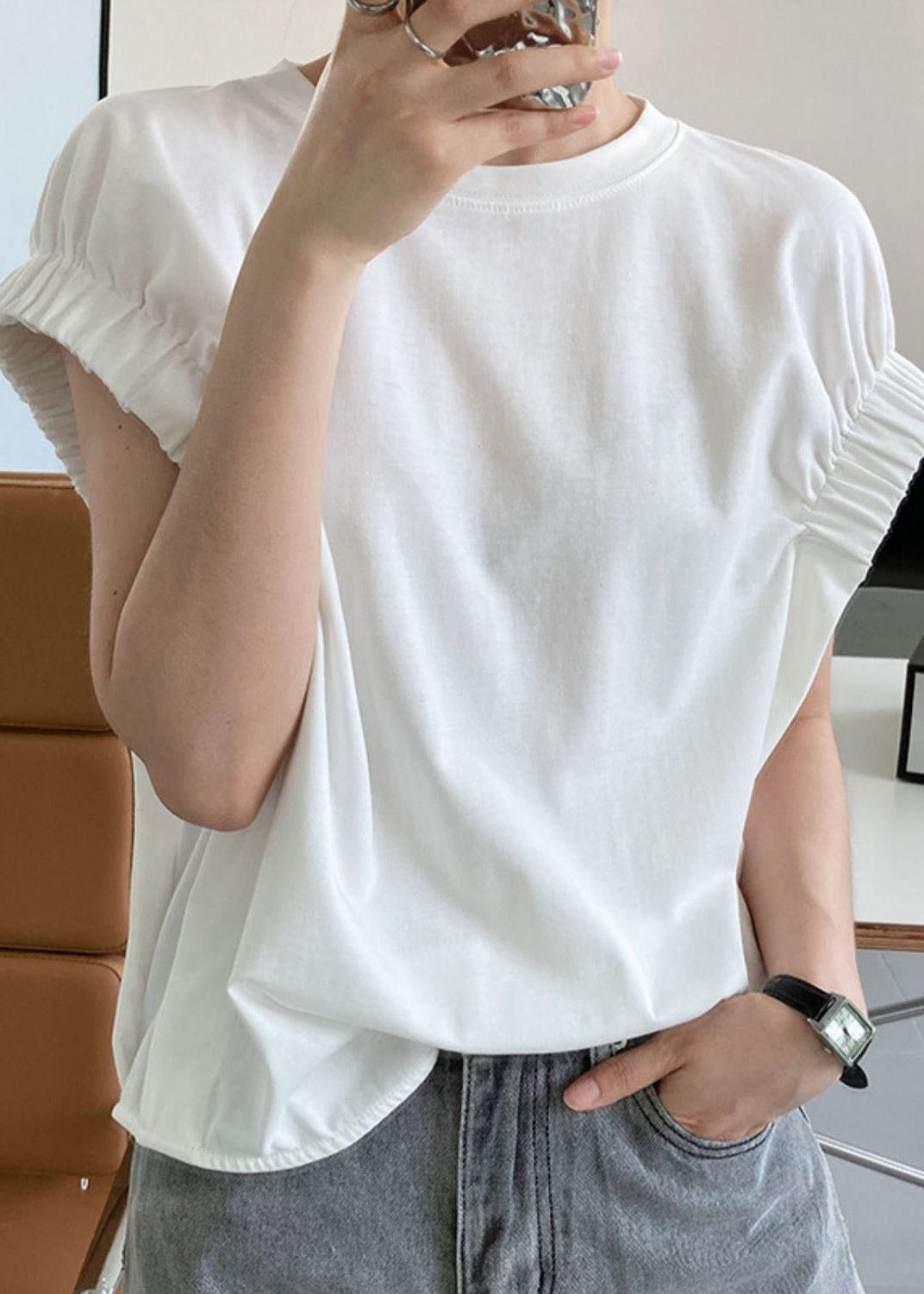 DIY White O Neck Wrinkled Cotton T Shirt Top Summer