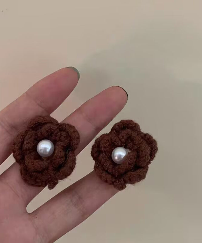 DIY White Pearl Knitting Wool Floral Stud Earrings