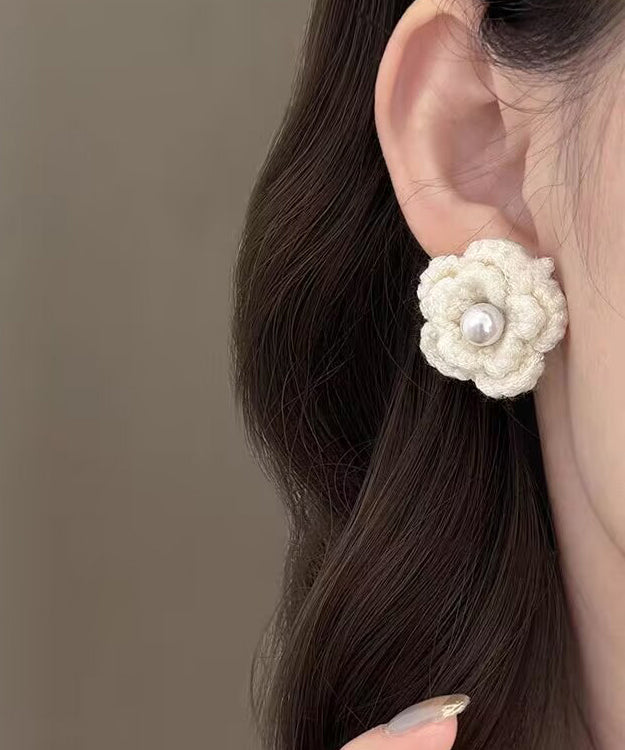 DIY White Pearl Knitting Wool Floral Stud Earrings