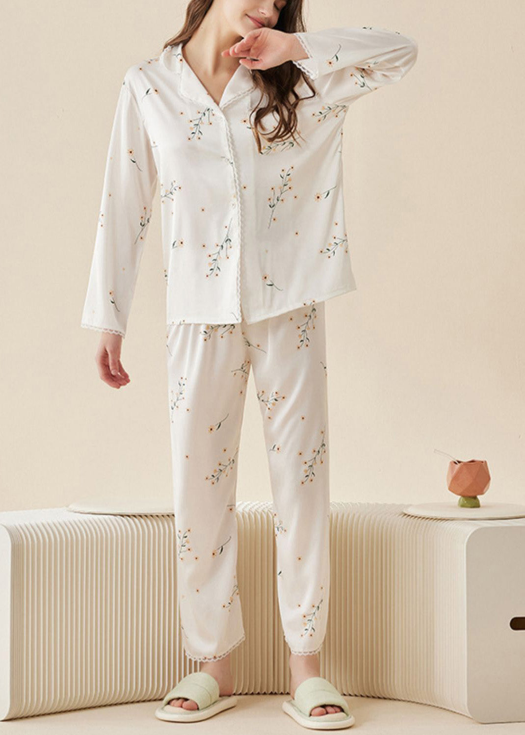 DIY White Peter Pan Collar Print Ice Silk Pajamas Two Pieces Set Spring