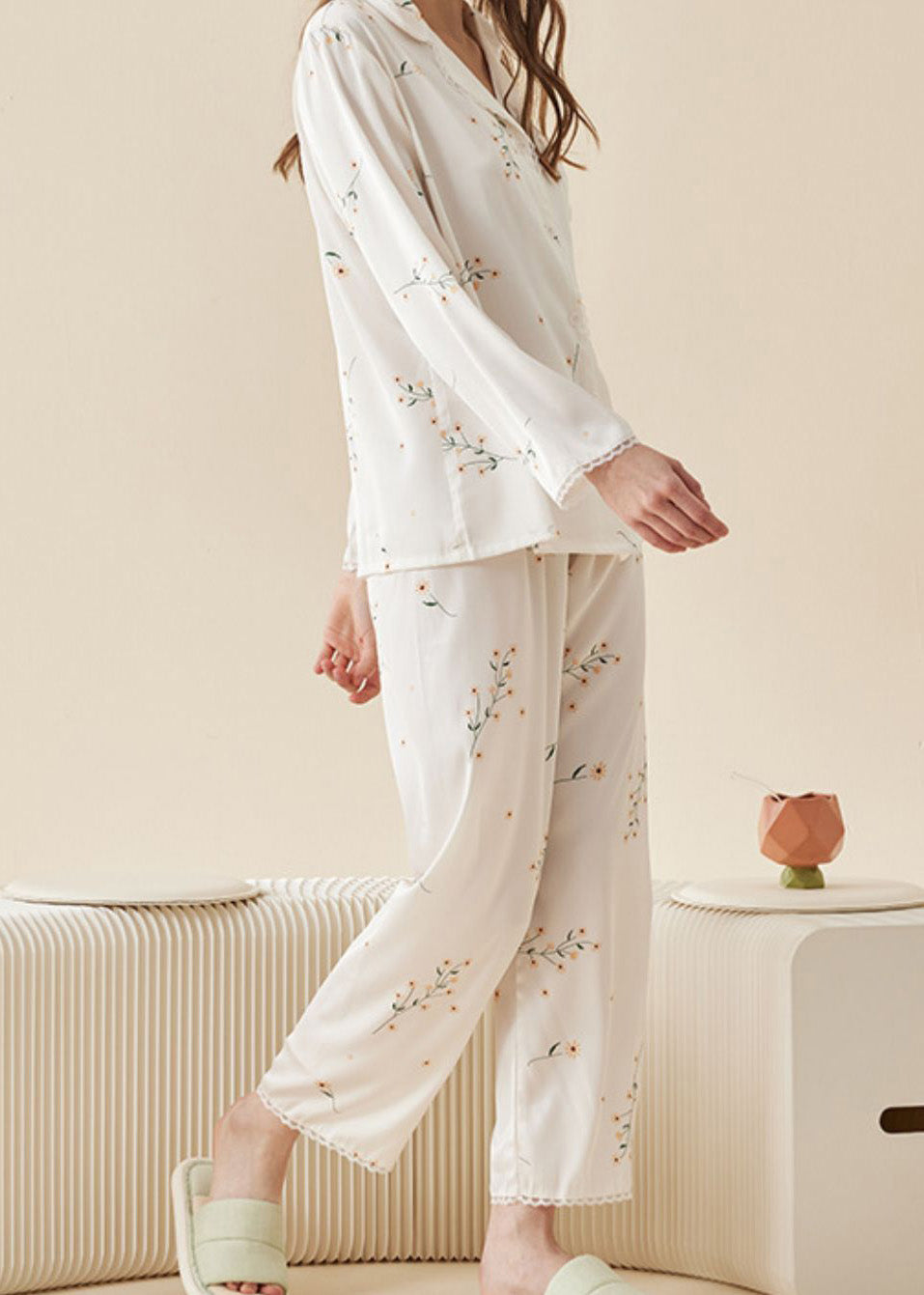 DIY White Peter Pan Collar Print Ice Silk Pajamas Two Pieces Set Spring